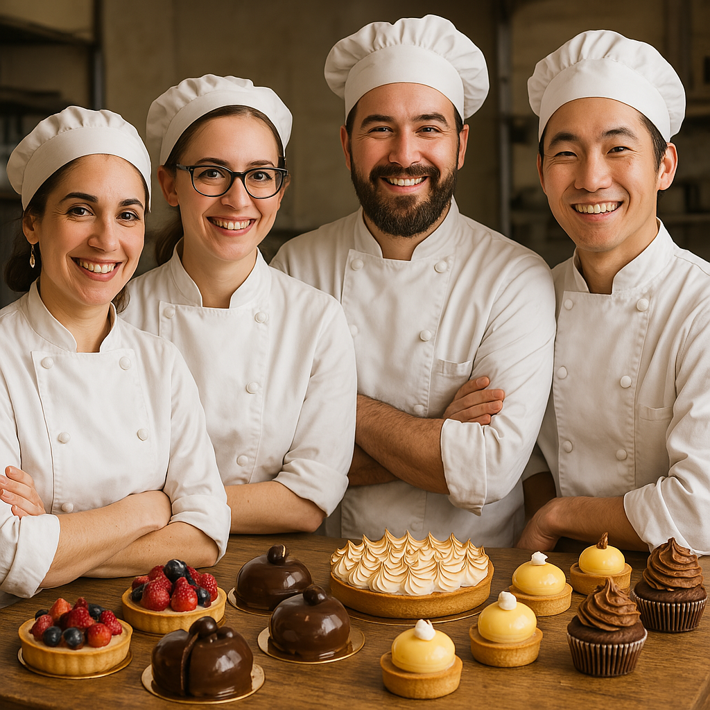 Équipe de pâtissiers professionnels de PortfolioPatisserie Paris présentant leurs créations artisanales